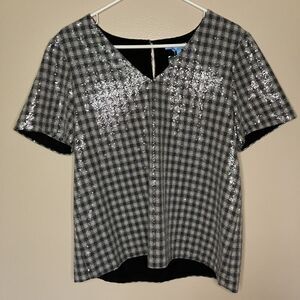 DRAPER JAMES Collection Sequined Gingham Check Short Sleeve V-Neck Top Size M